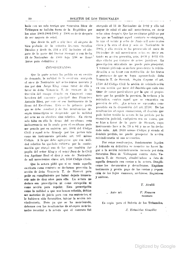 Página impresa del Boletín de los Tribunales de 1920 con un alegato de bien probado relacionado con Serafina Dávalos.