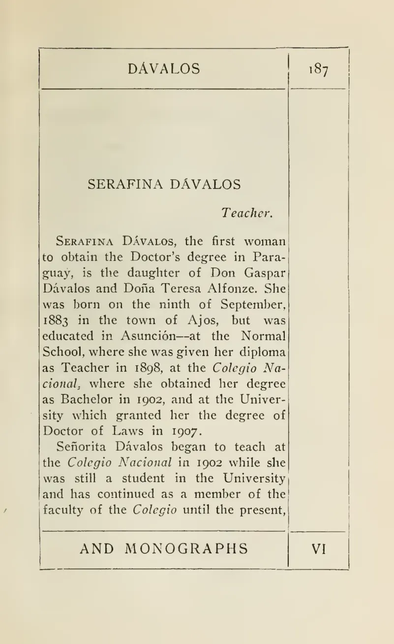 Página 187 de Paraguayans of Today (1921) con la entrada biográfica dedicada a Serafina Dávalos.
