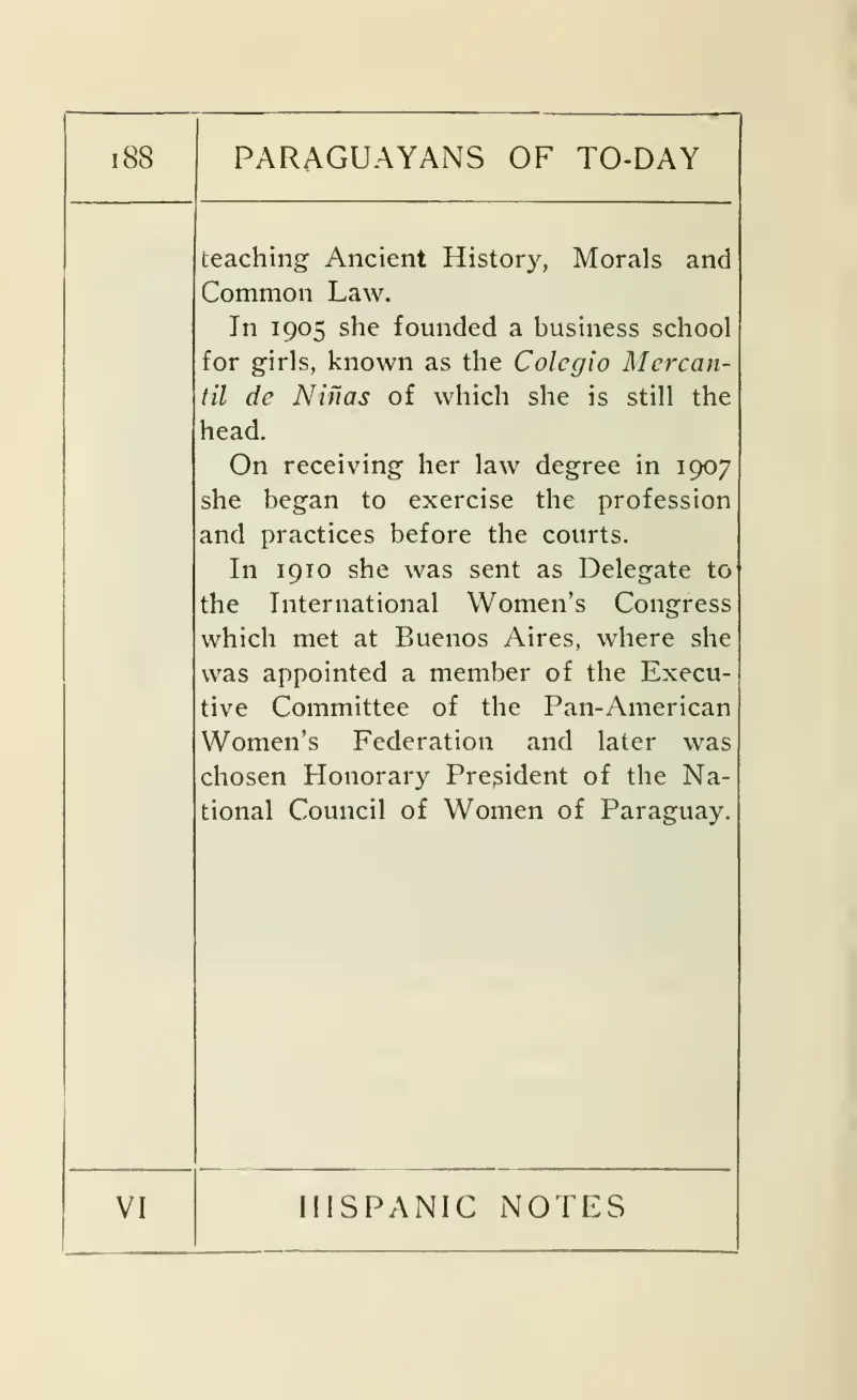 Página 188 de Paraguayans of Today (1921), continuación de la entrada biográfica sobre Serafina Dávalos.